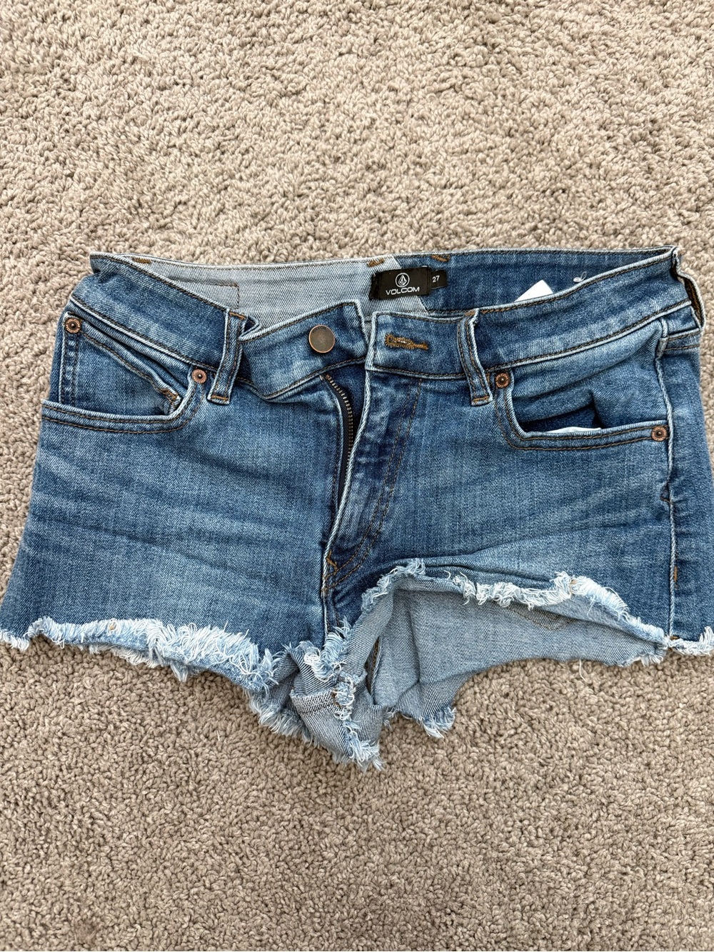 Volcom Light Blue Denim Shorts with Brown Stitching